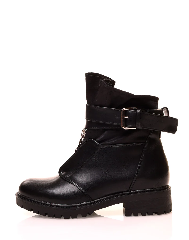 Bottines noires bi matières à sangle entrelacée
