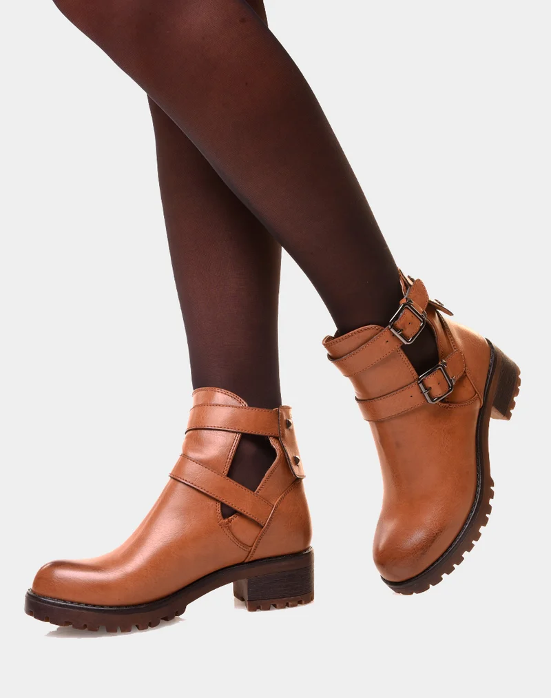 Bottines camelles ajourées à sangles
