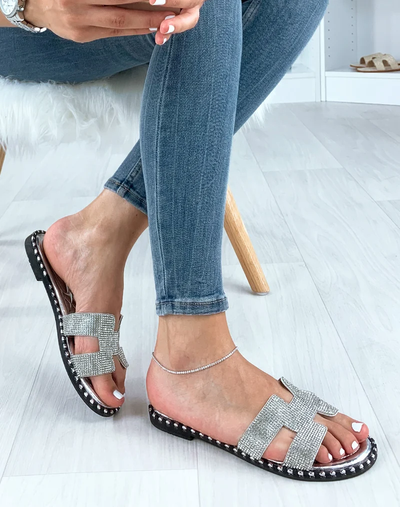 Mules argentées à strass