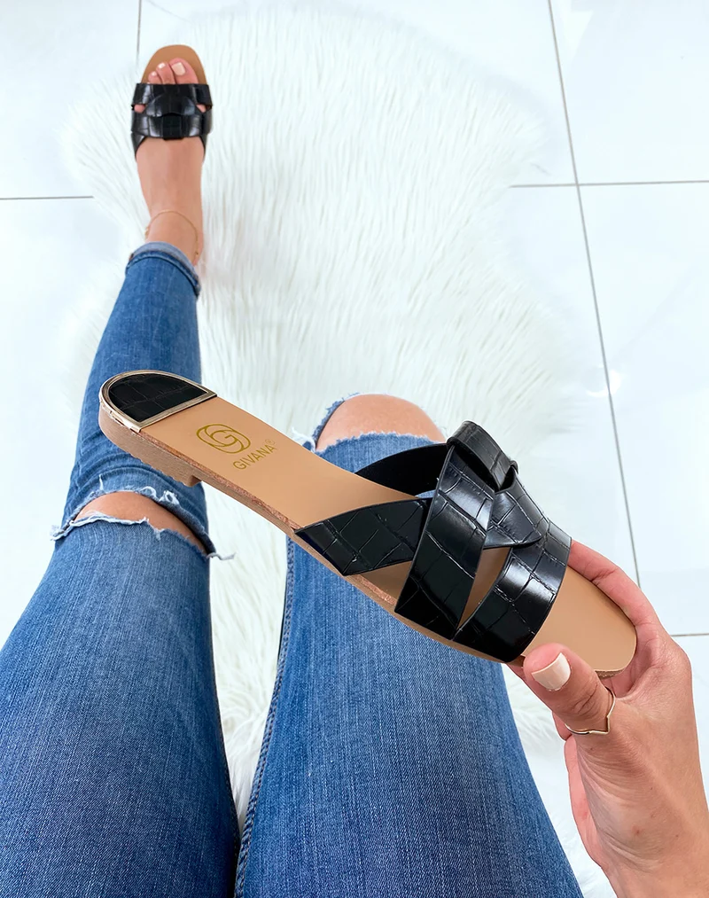 Mules noires effet croco à multiples brides entrecroisées