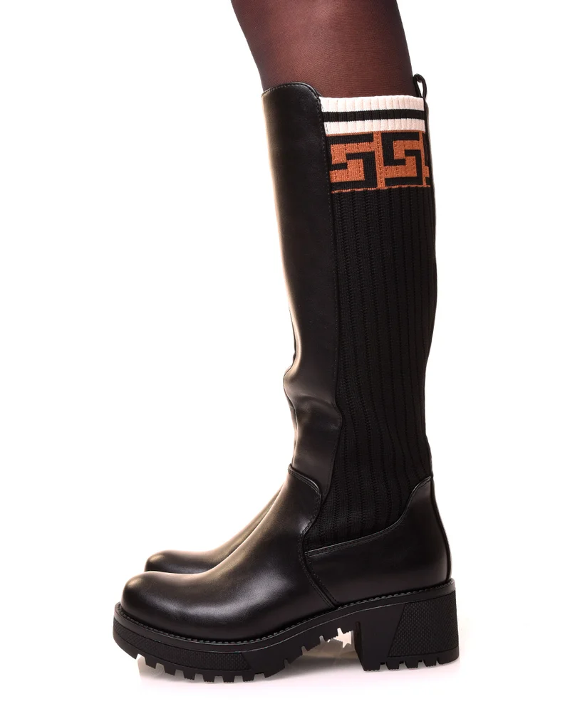 Bottes noires à empiècement tissus