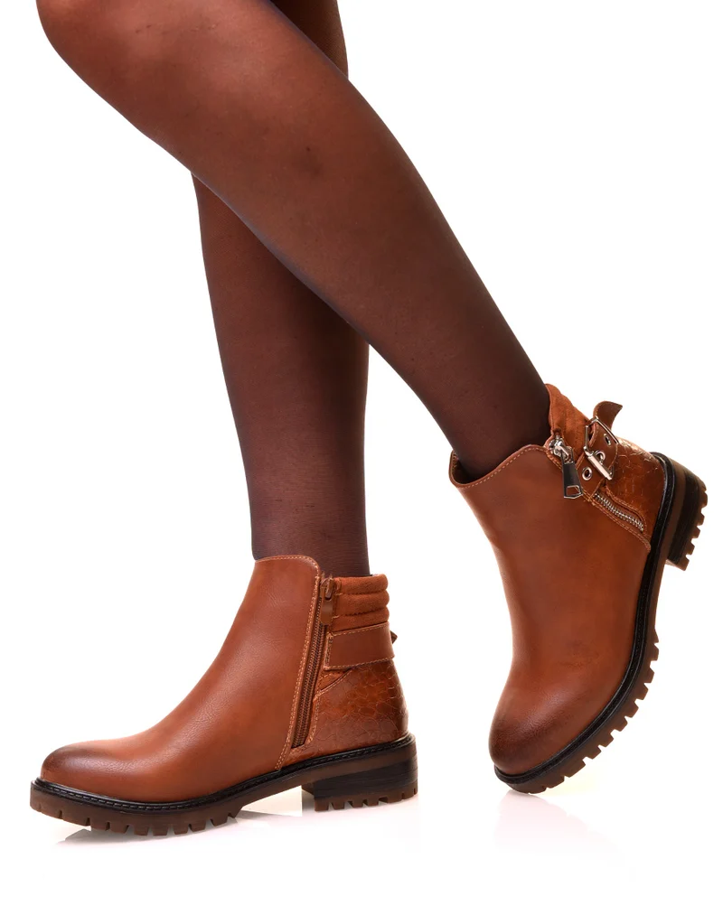 Bottines camel bi-matières avec sangle