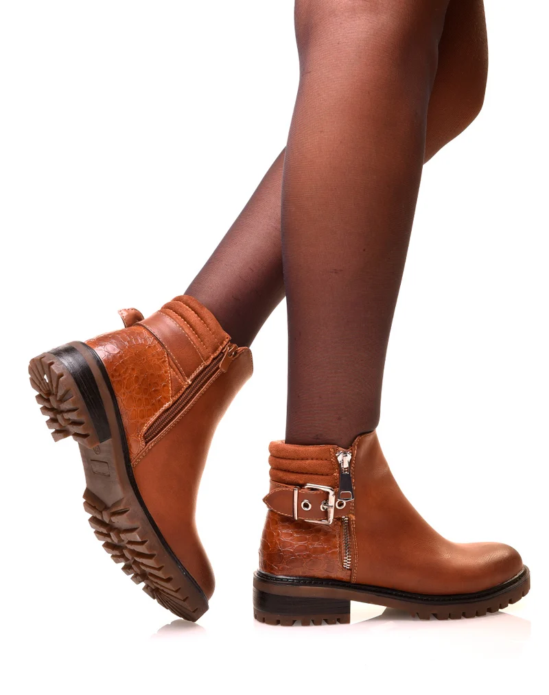 Bottines camel bi-matières avec sangle