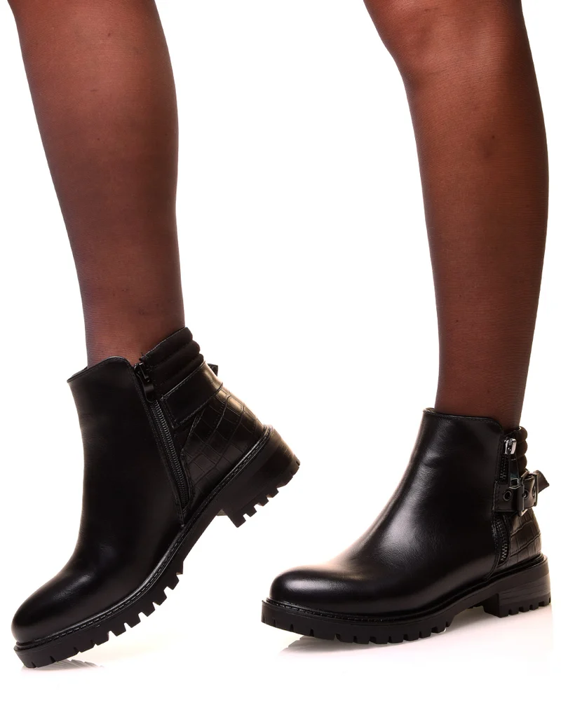 Bottines noires bi-matières avec sangle