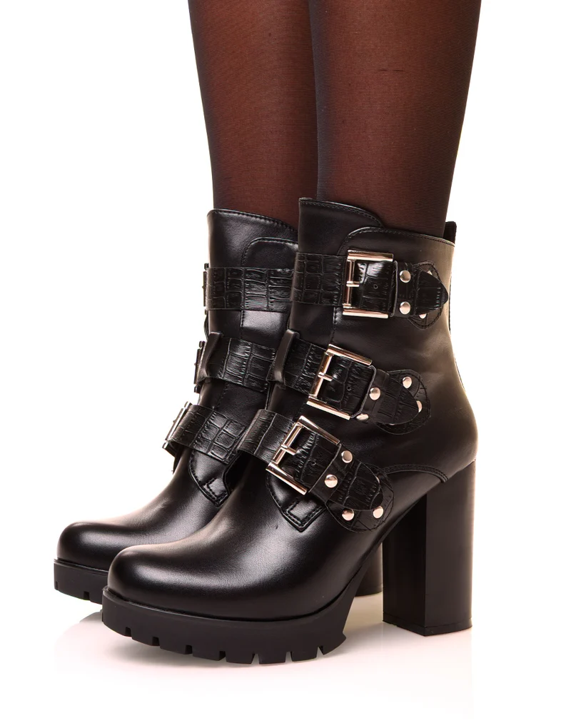 Bottines noires à lanières croco