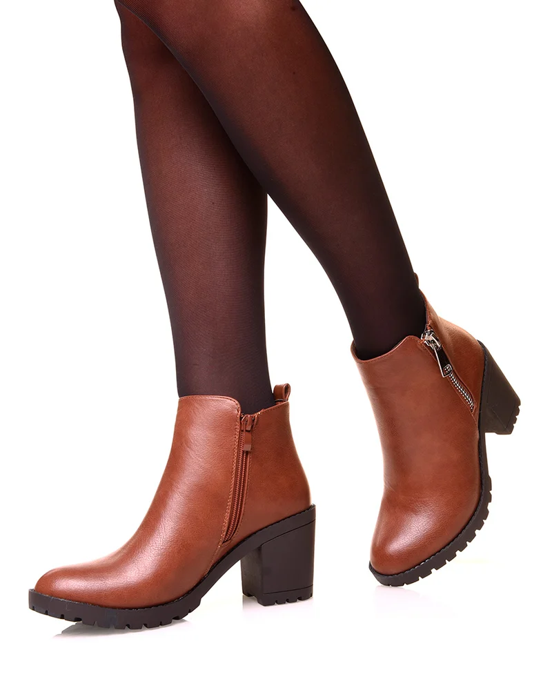 Bottine à talon camel à double zip