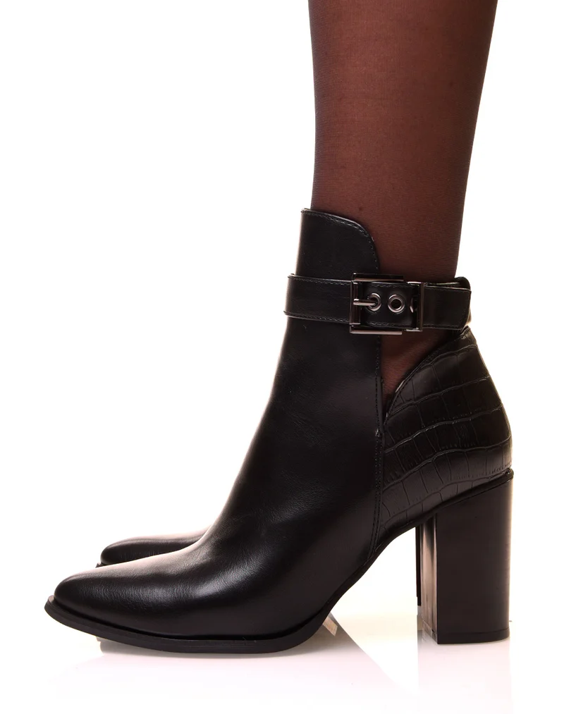 Bottines noires à talons et à bouts pointus bi-matières
