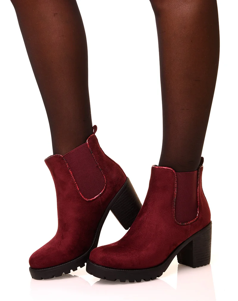 Bottines bordeaux en suédine à petit talon