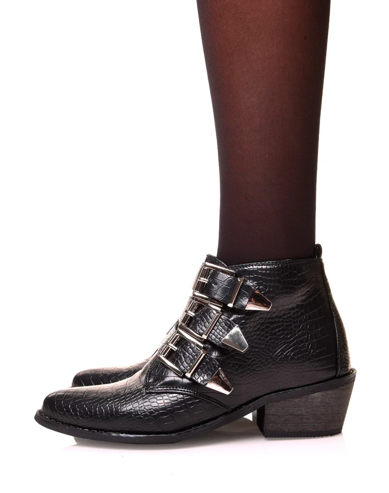 Santiags noires à multiples brides effet croco