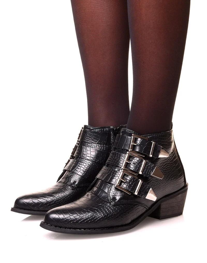 Santiags noires à multiples brides effet croco