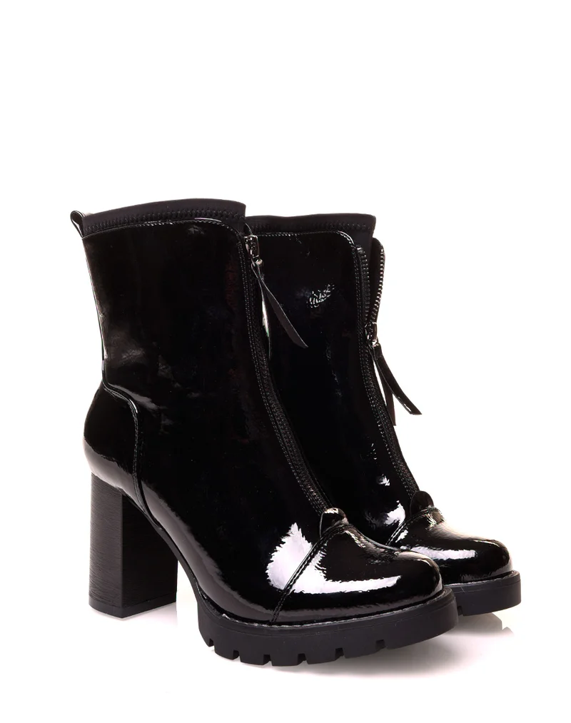 Bottines noires vernies à talons effet chaussette