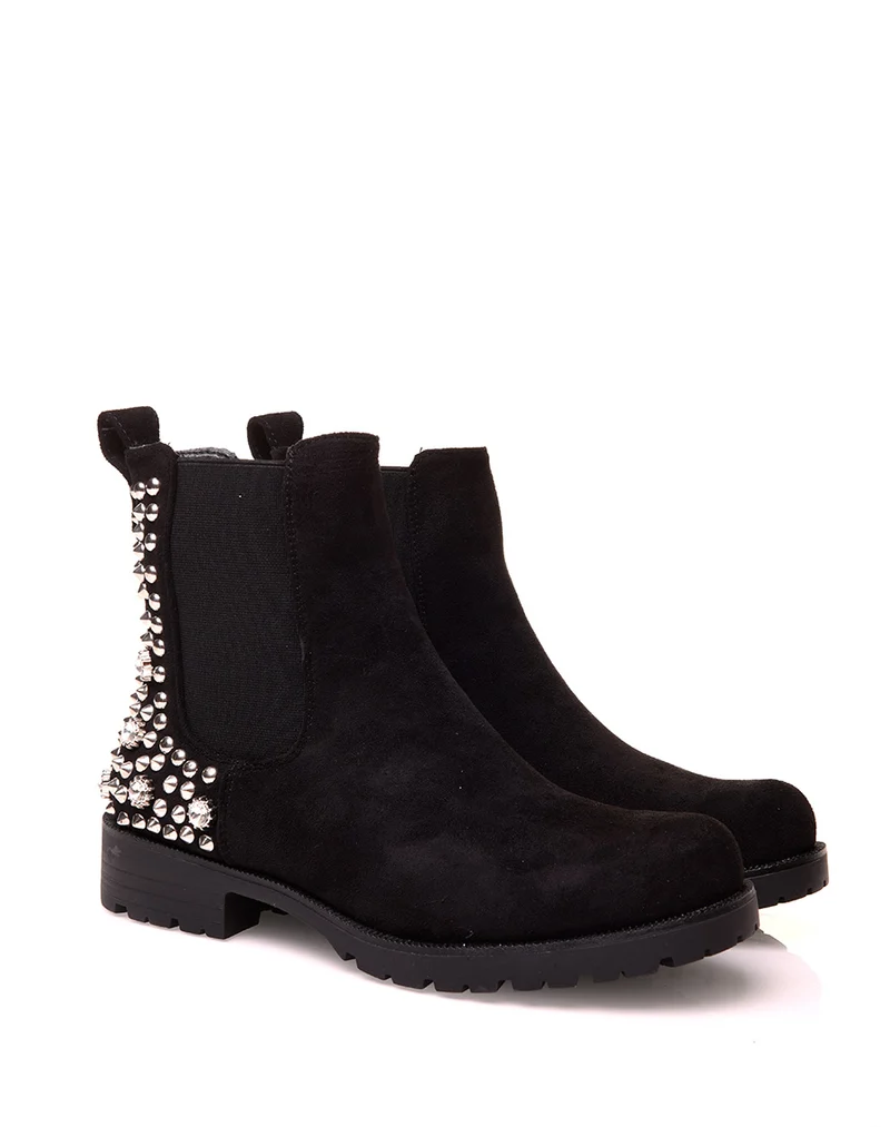 Chelsea boots noires en suédine ajourées de clous et de strass