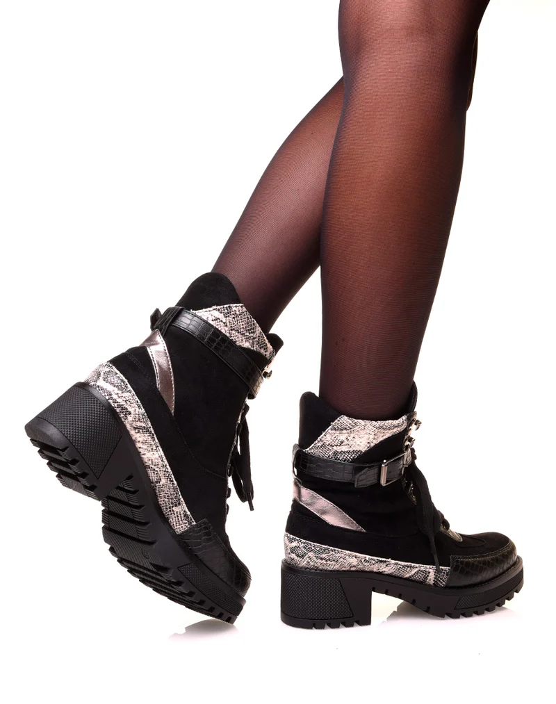 Bottines noires multi-matières à talon épais