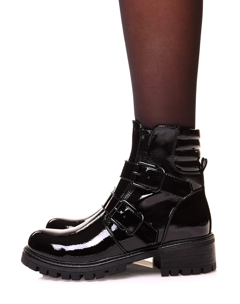 Boots plate noire vernis à multiple sangle