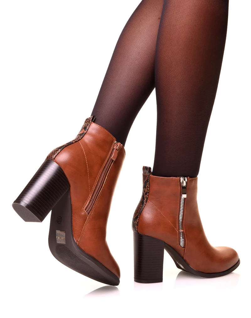 Bottines à talon camel bi matière effet python