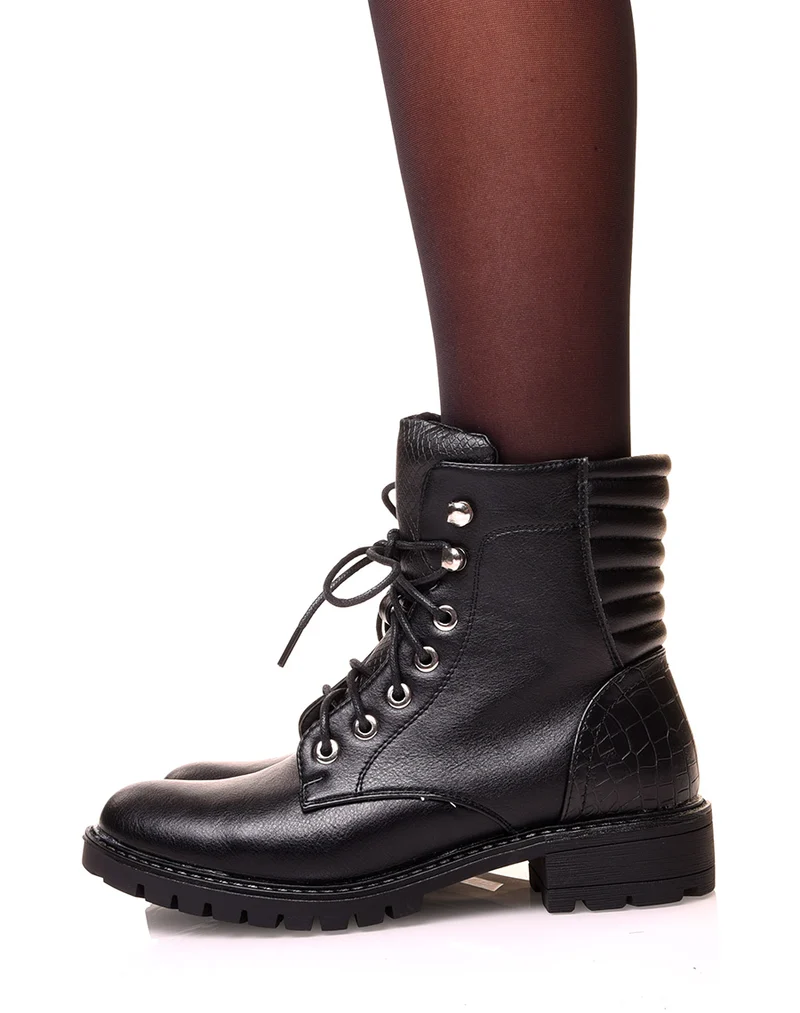 Boots bi-matière noirs effets croco à lacets