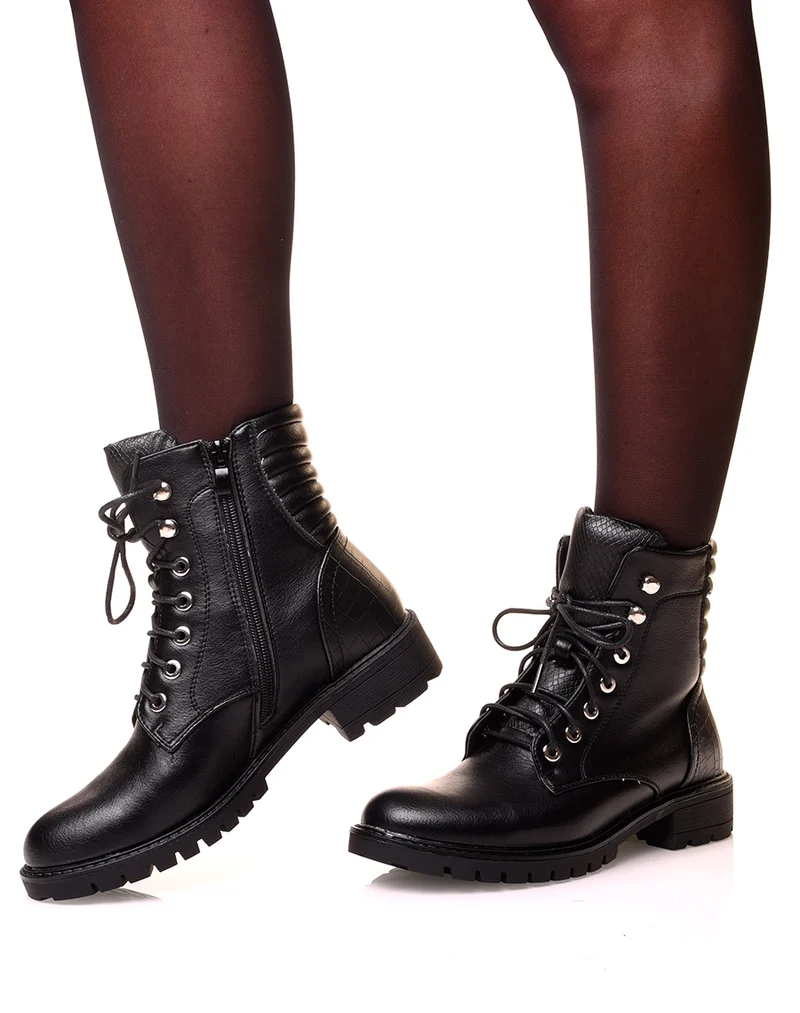 Boots bi-matière noirs effets croco à lacets