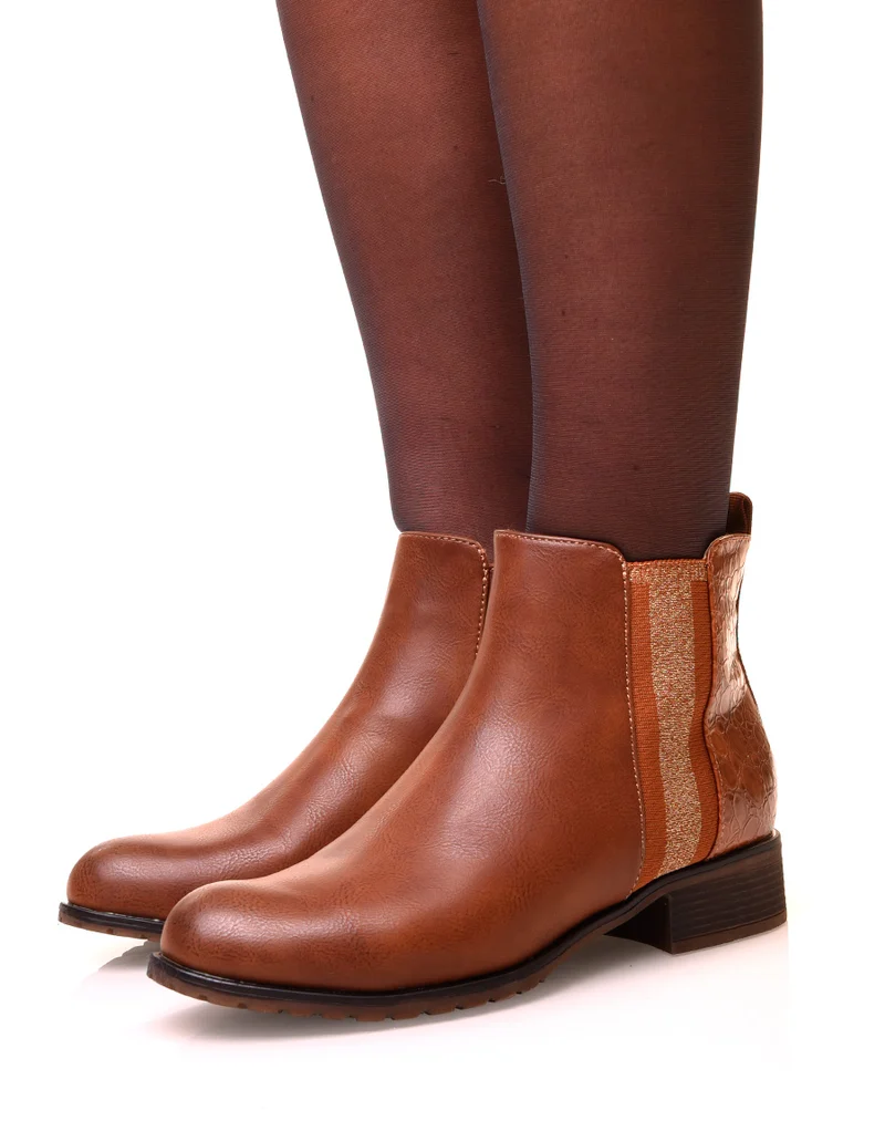Bottines camel bi-matières effet croco