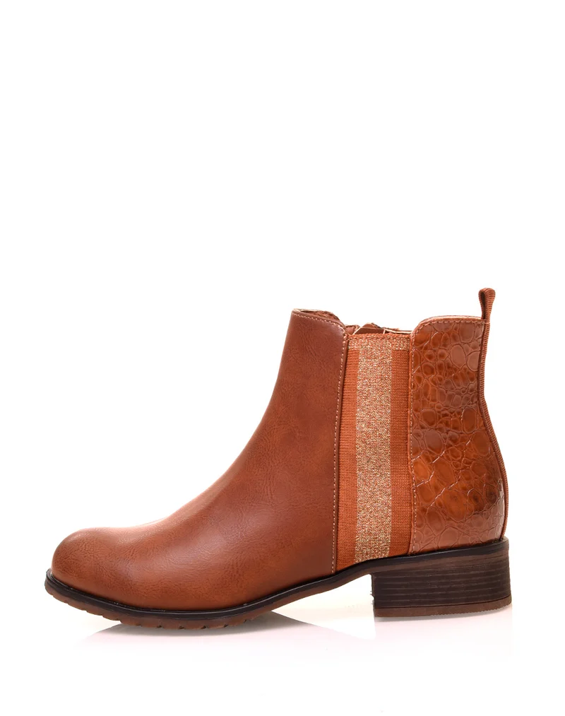 Bottines camel bi-matières effet croco