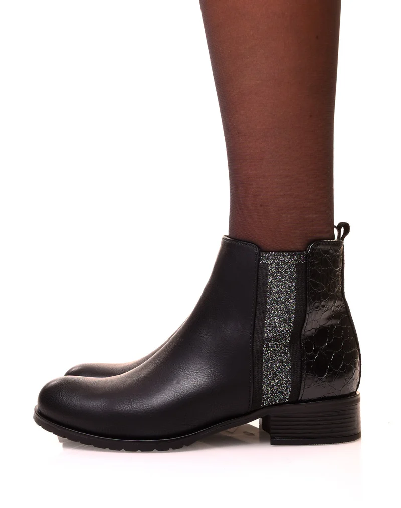 Bottines noires bi-matières effet croco