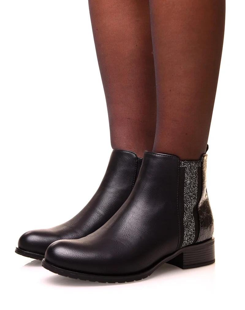 Bottines noires bi-matières effet croco