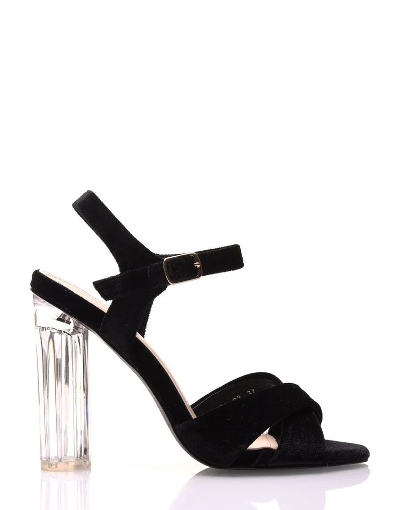 Sandales noires en velours à talons transparents