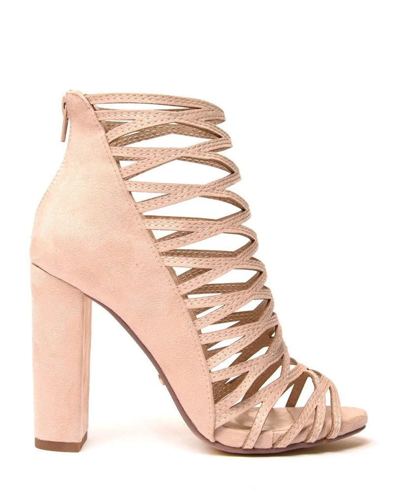 Sandales beiges à talons & multiples lanières croisées
