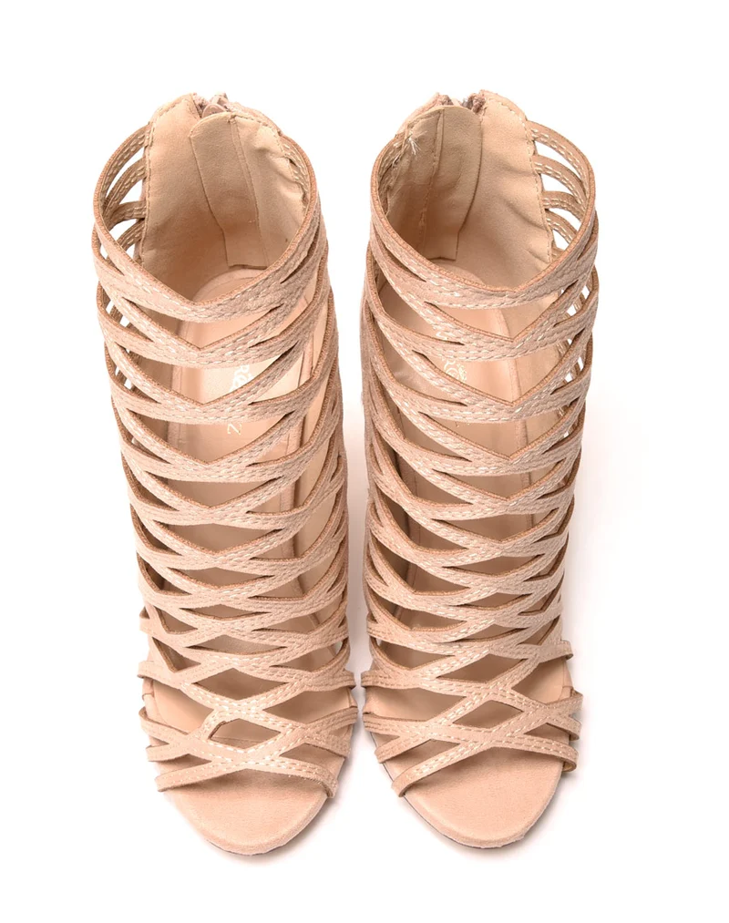 Sandales beiges à talons & multiples lanières croisées