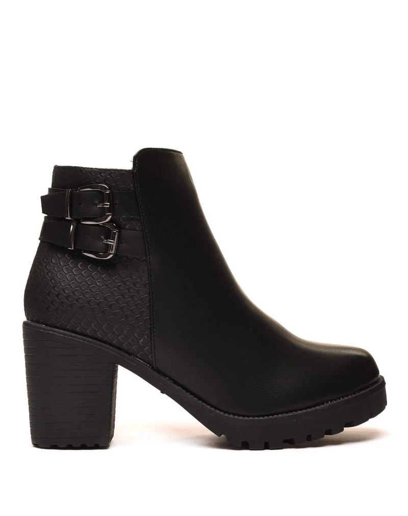 Bottines bi matières noires à talon mi haut