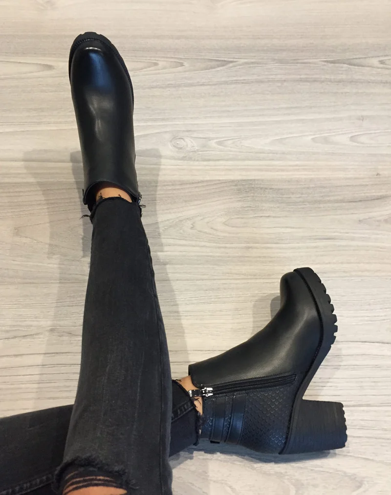 Bottines bi matières noires à talon mi haut