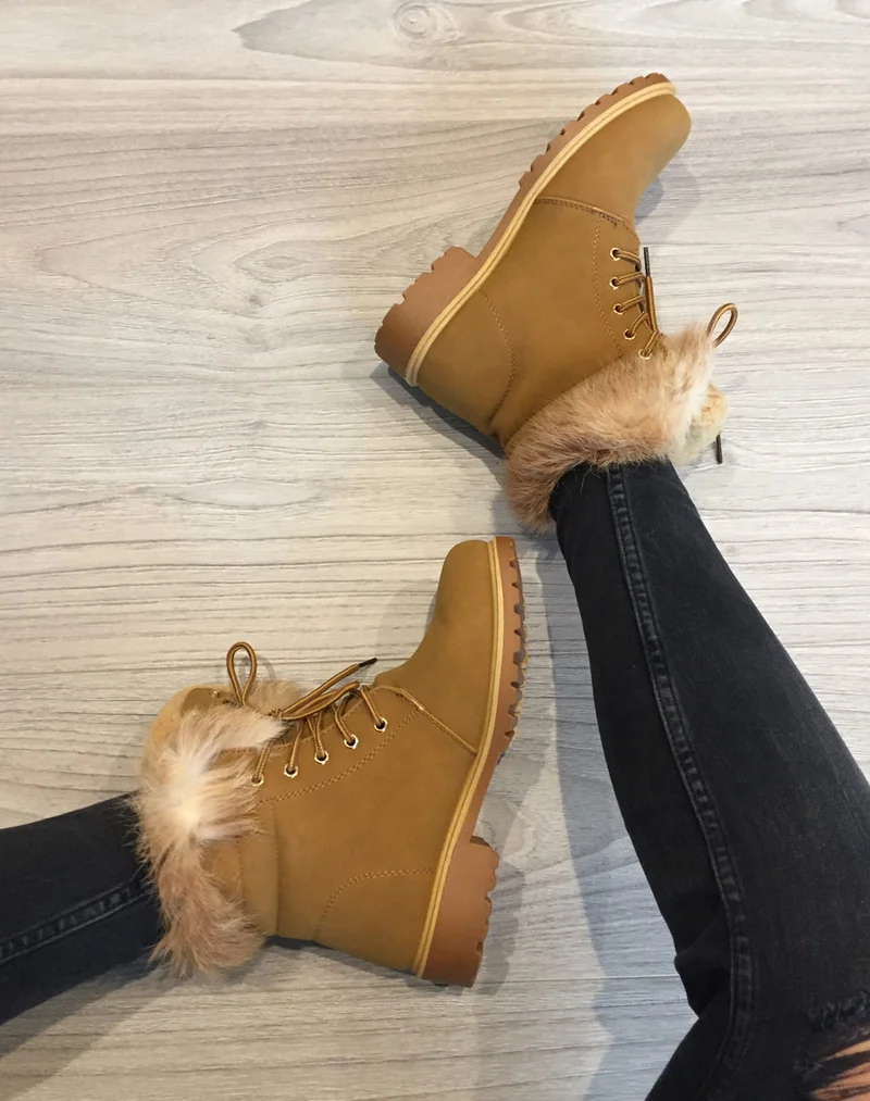 Chaussures montantes à lacets & fourrées camel