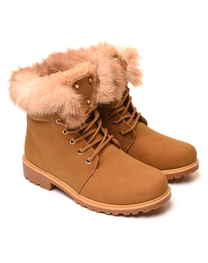 Chaussures montantes à lacets & fourrées camel