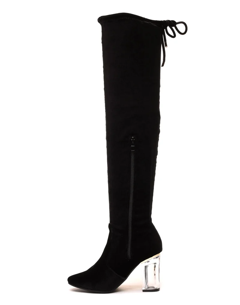 Cuissardes en velours noires à talon transparent