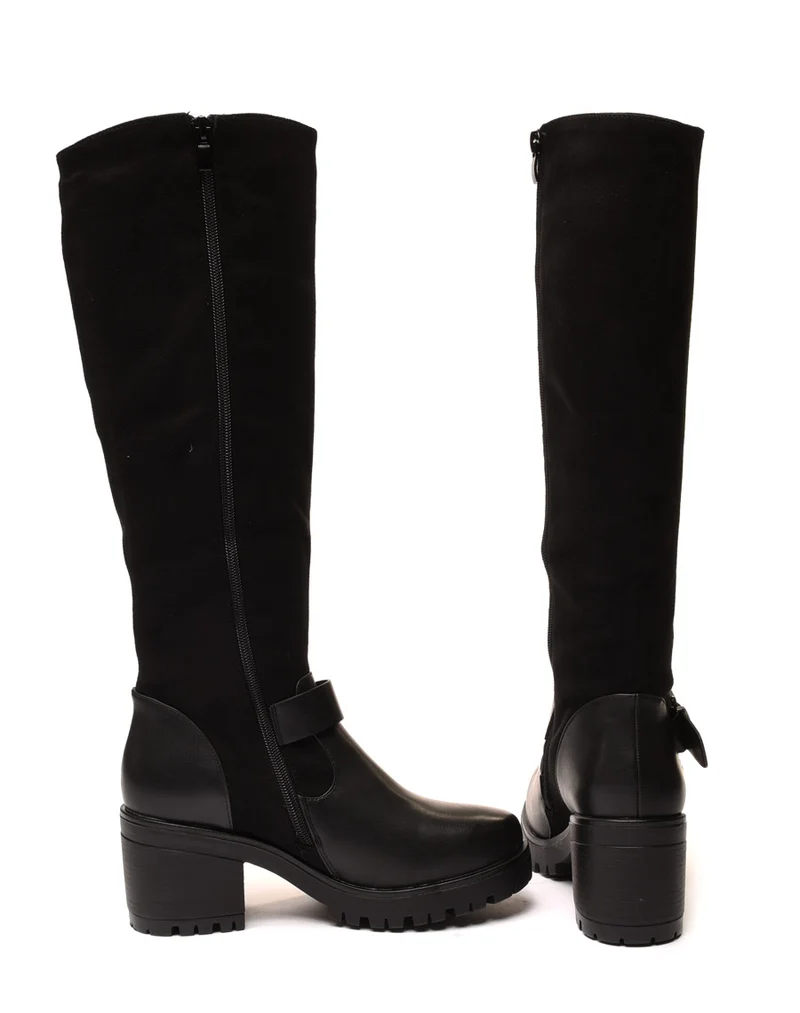 Bottes bi matières noires à talon mi haut