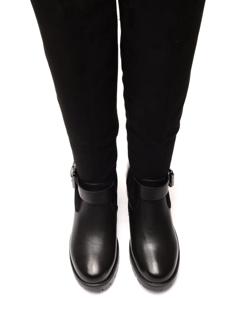 Bottes bi matières noires à talon mi haut