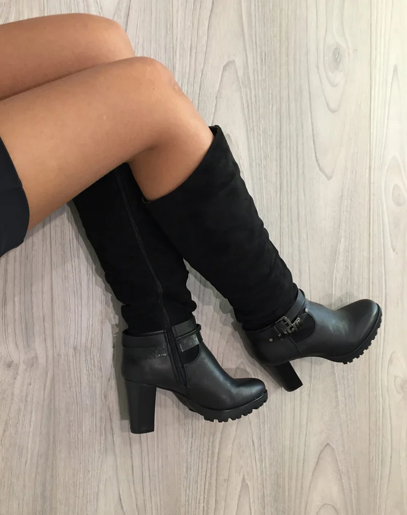 Bottes à talons bi matières noires