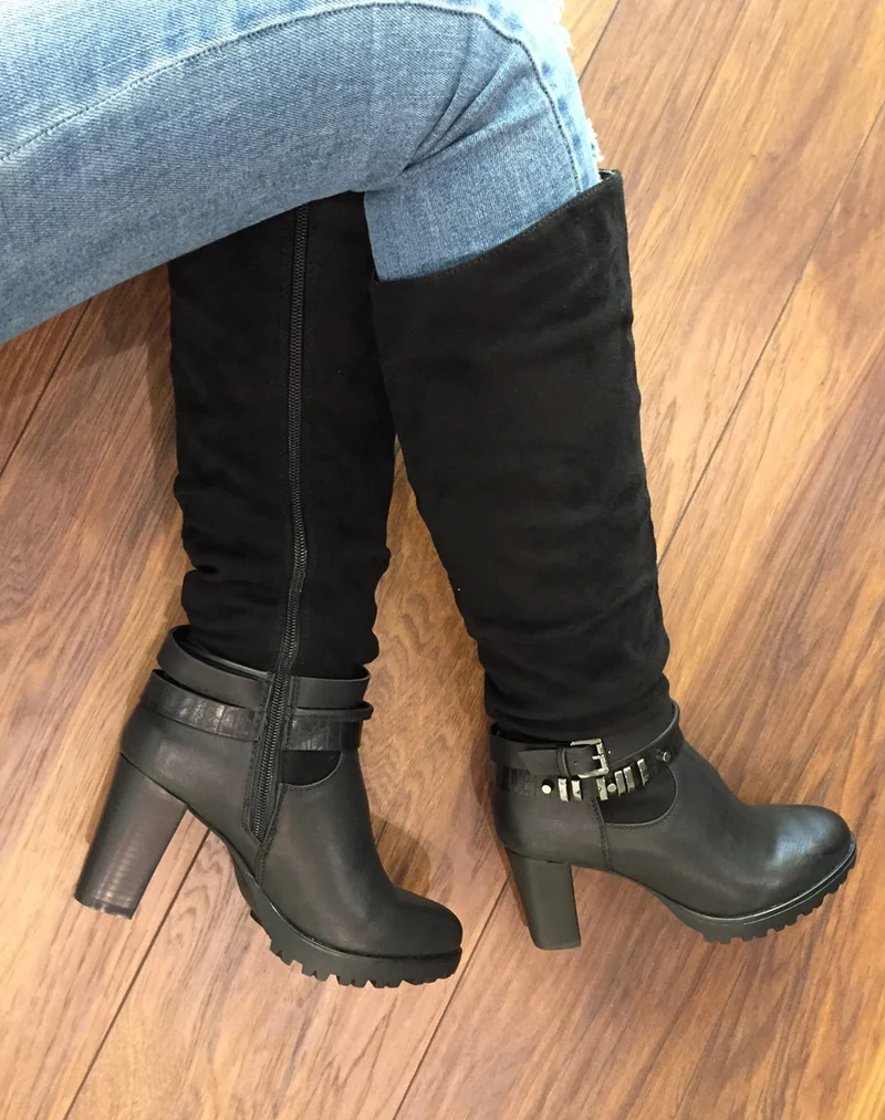 Bottes à talons bi matières noires