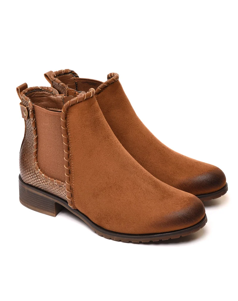 Bottines plates bi matières camel avec détails