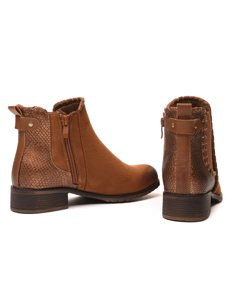 Bottines plates bi matières camel avec détails