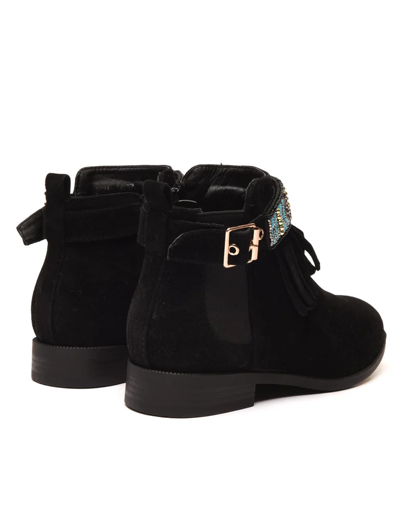 Bottines noires à franges et lanière perlée