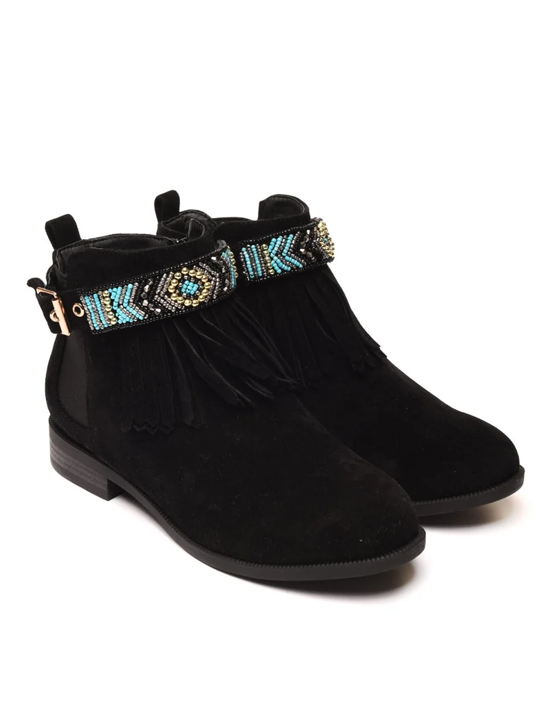 Bottines noires à franges et lanière perlée
