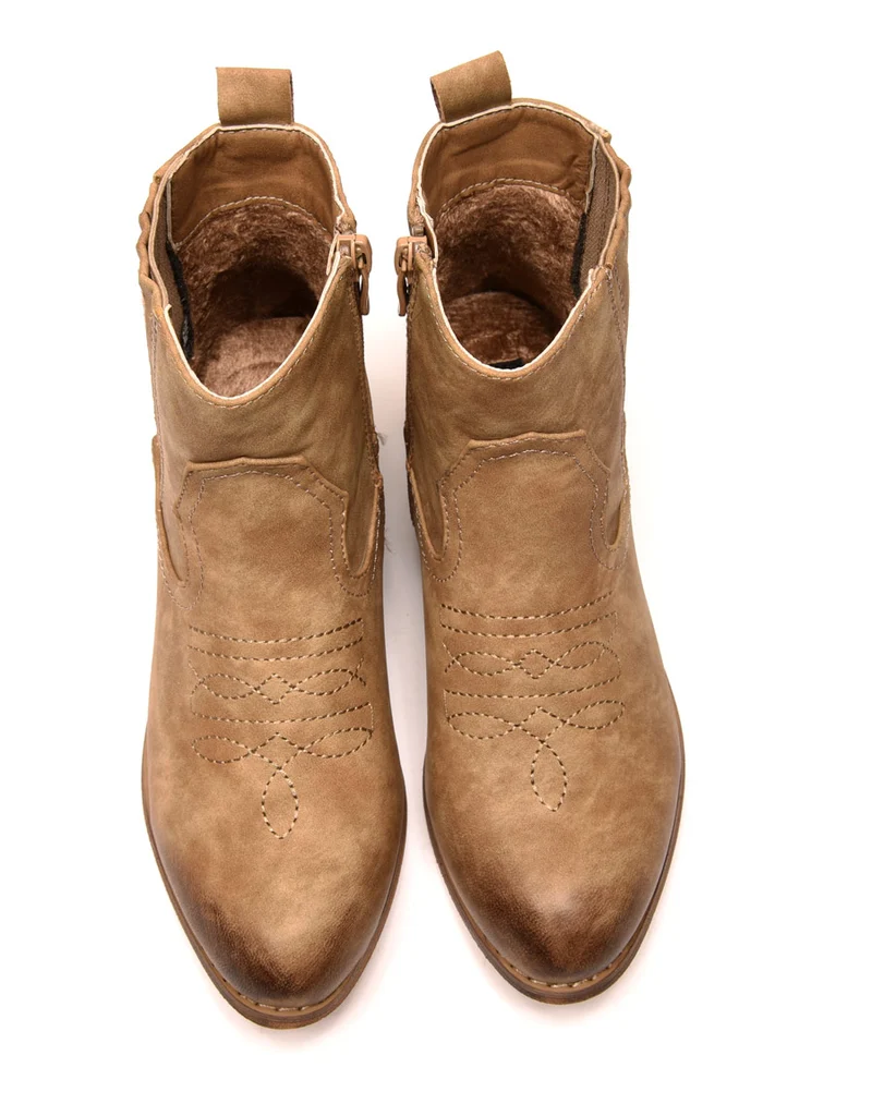 Bottines santiag taupes avec coutures décoratives