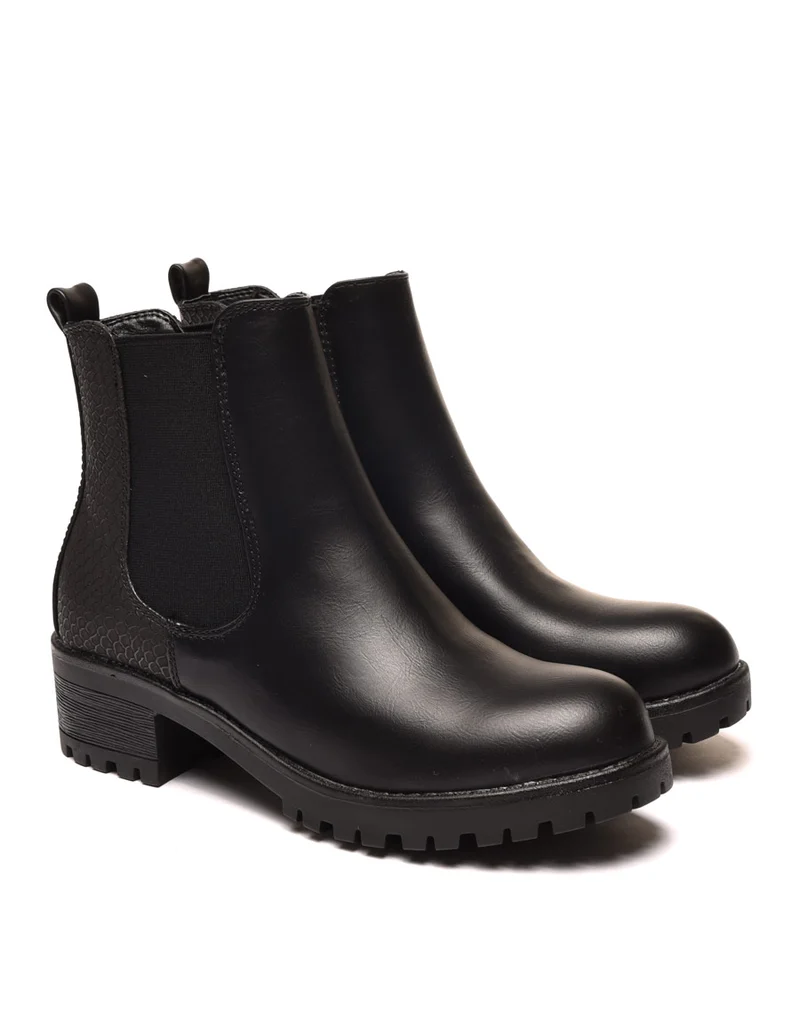 Bottines plates noires avec élastiques et motifs python