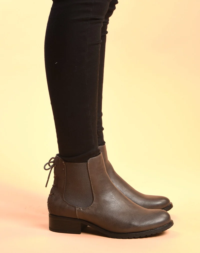 Bottines plates bi matières grises avec lacet décoratif arrière