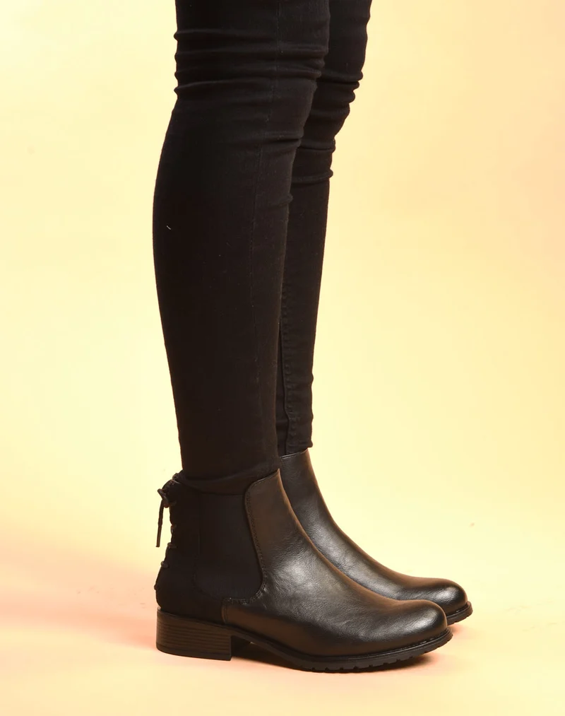 Bottines plates bi matières noires avec lacet décoratif arrière