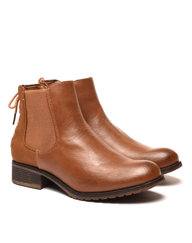 Bottines plates bi matières camel avec lacet décoratif arrière