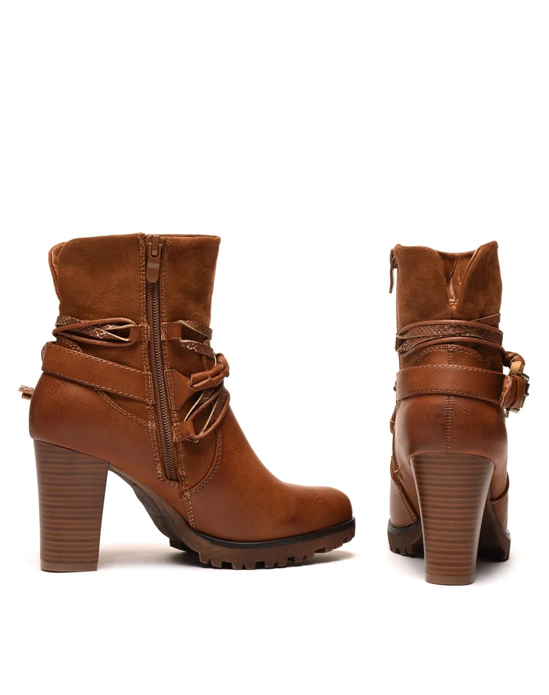 Bottines camel bi matières à talons et lanières multiples