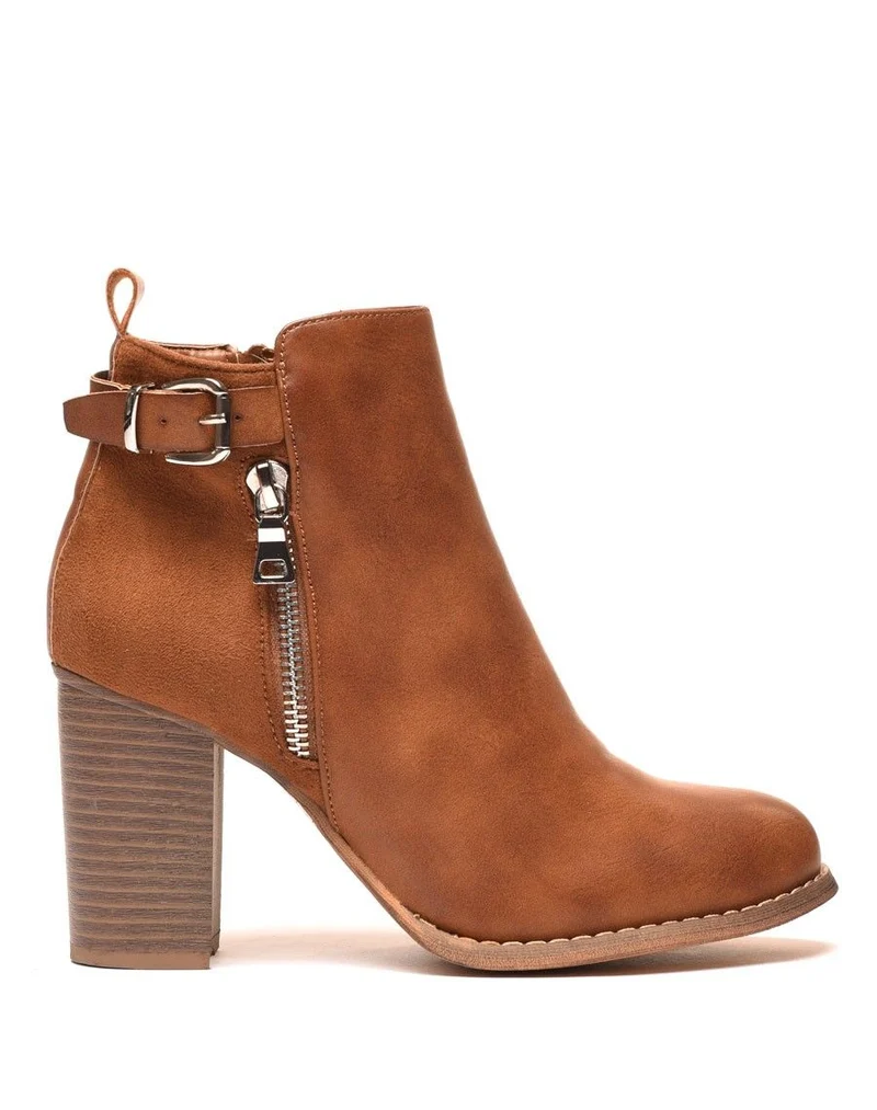 Bottines à talons camel bi matières avec sangle