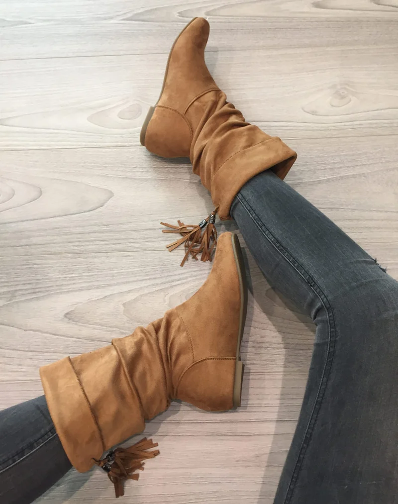 Bottes mi hautes camel avec rabat sur le haut