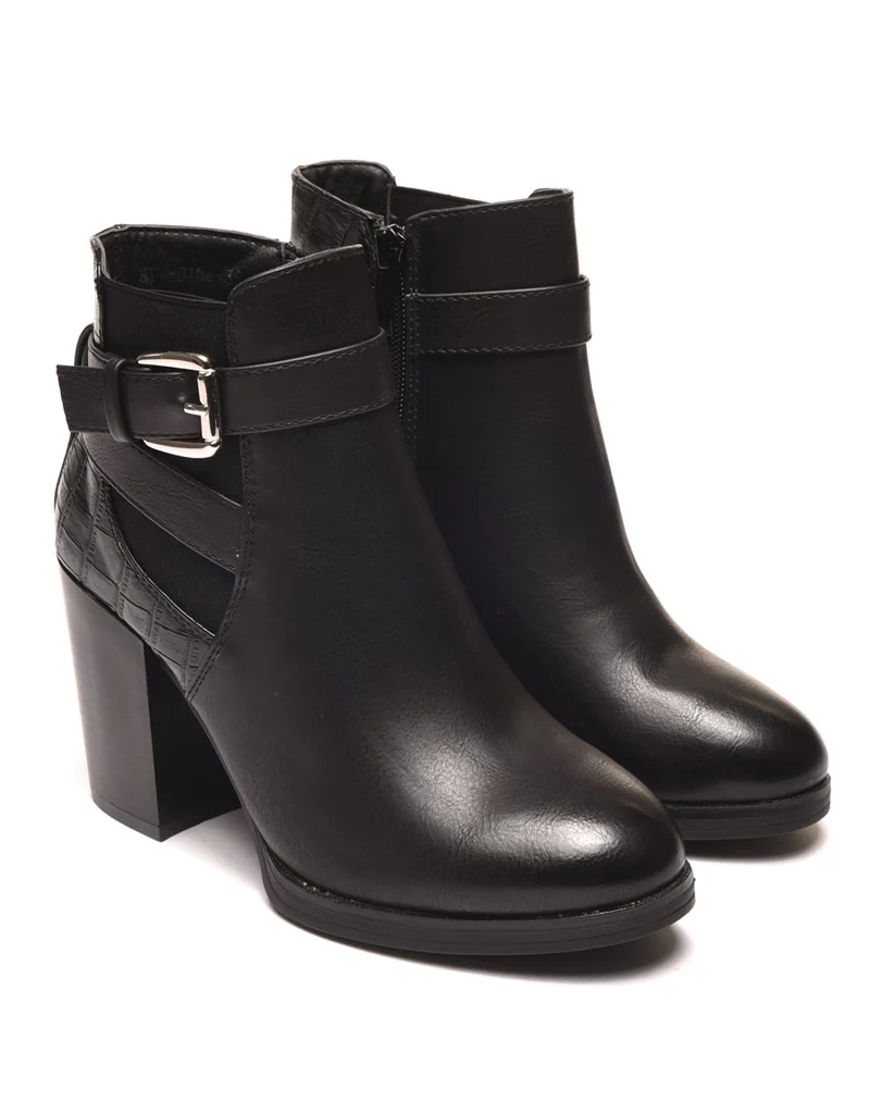 Bottines à talons noires avec lanière et détail crocodile